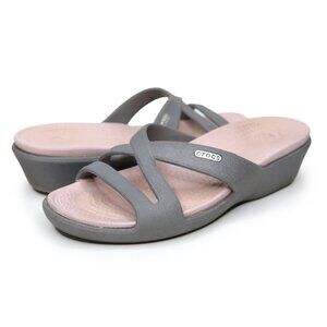 CROCS Patricia Sandals Wedge Shoes Croslite Comfort Grey Pink Lightweight